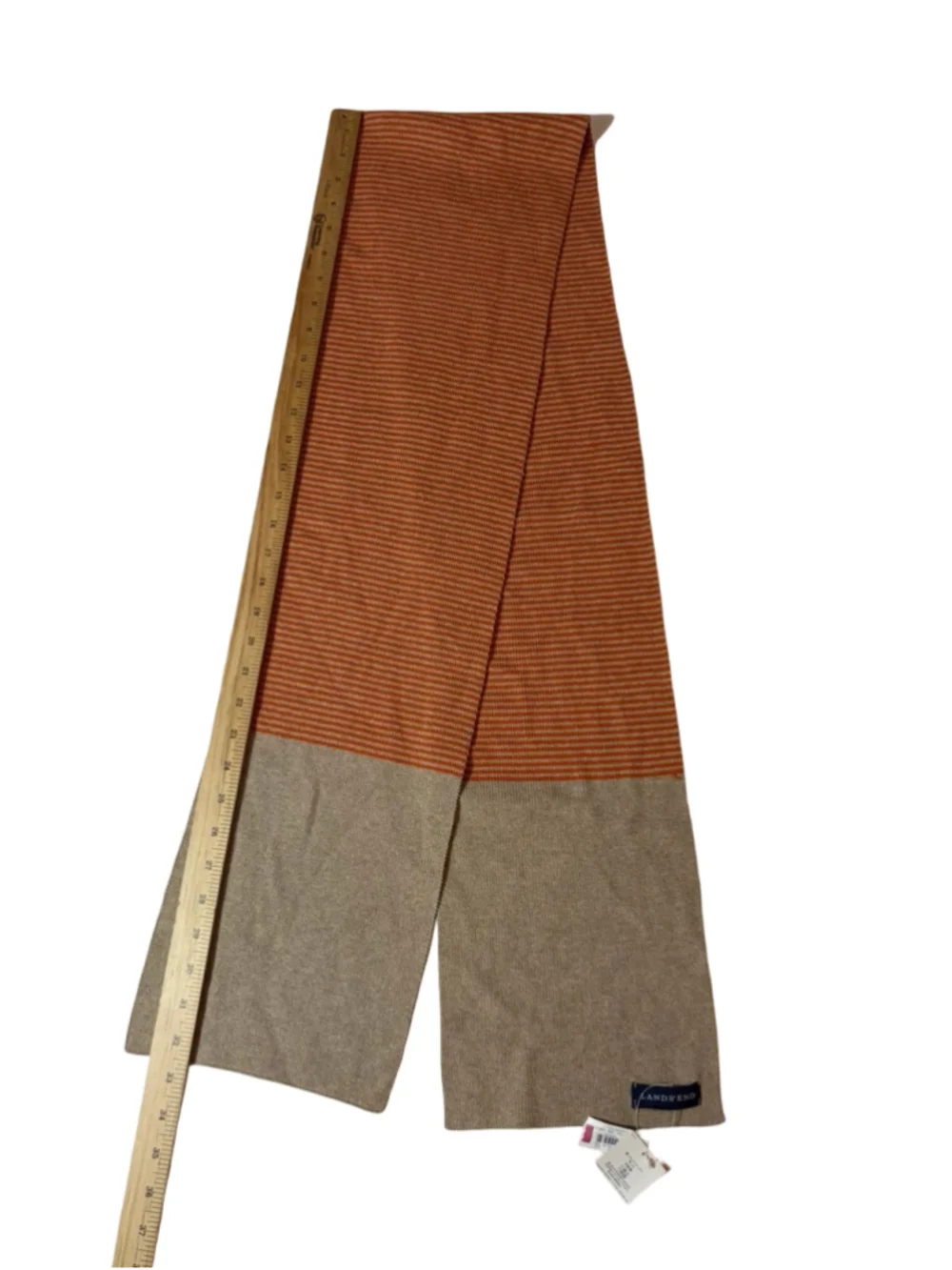 Lands’ End NWT Striped Knit Scarf Orange Tan Wool Blend Preppy Coastal